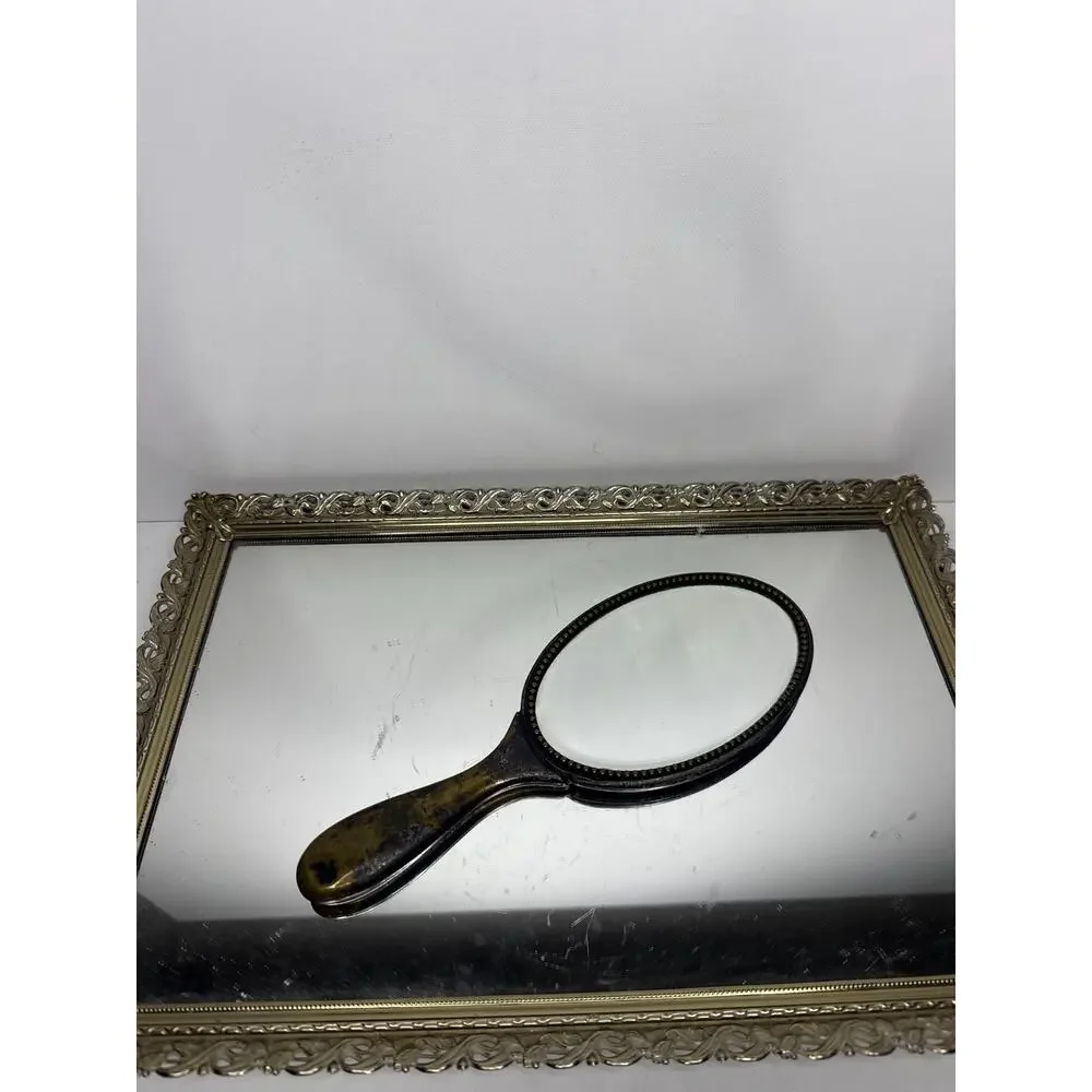 Antique Art Nouveau Hand Mirror Gold Tone
